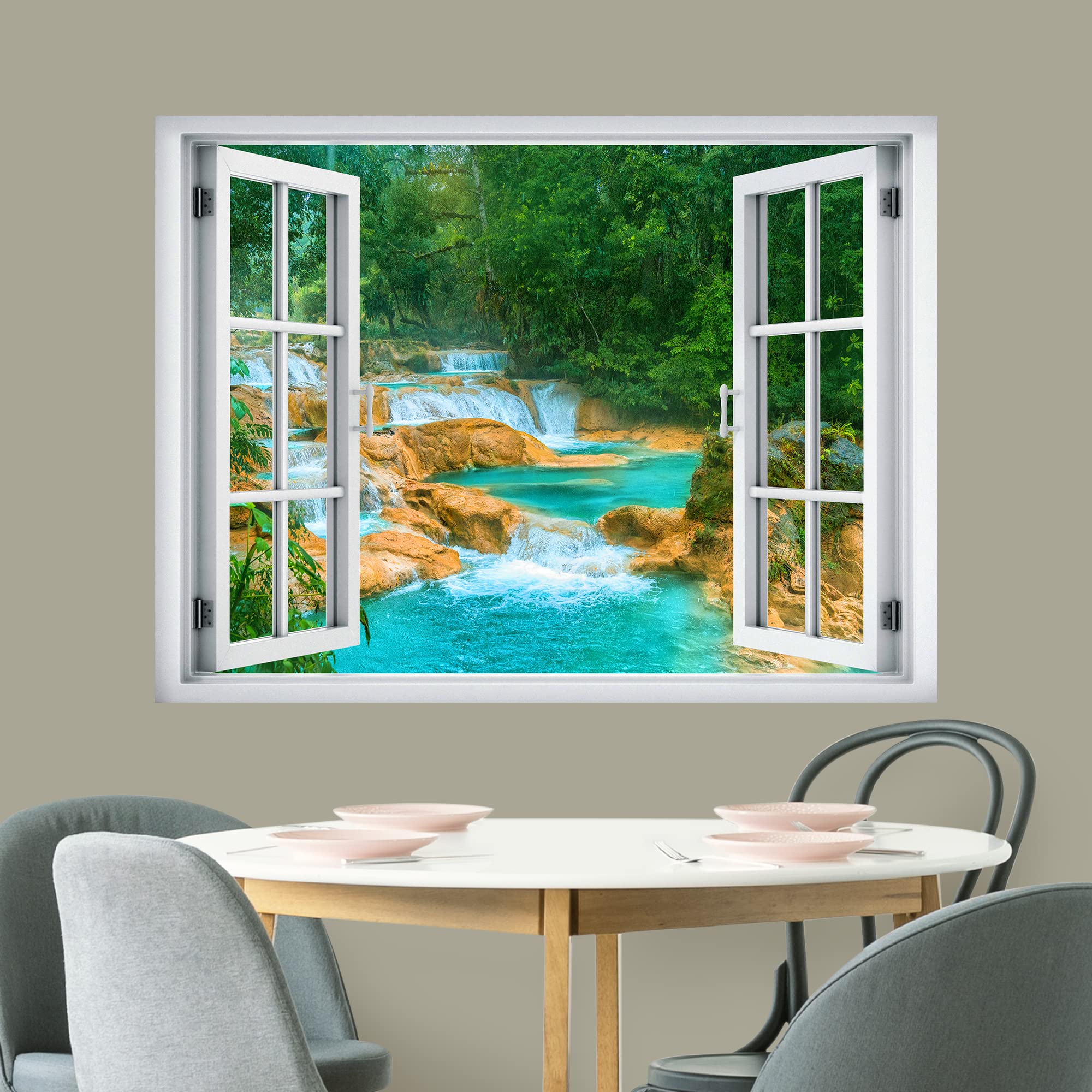 wall26 Removable Wall Sticker/Wall Mural Window View Vibrant Green Forest Mountain River Rapids Nature Wilderness Photography Realism Landscape Multicolor for Living Room  Bedroom  Office - 24''x32''